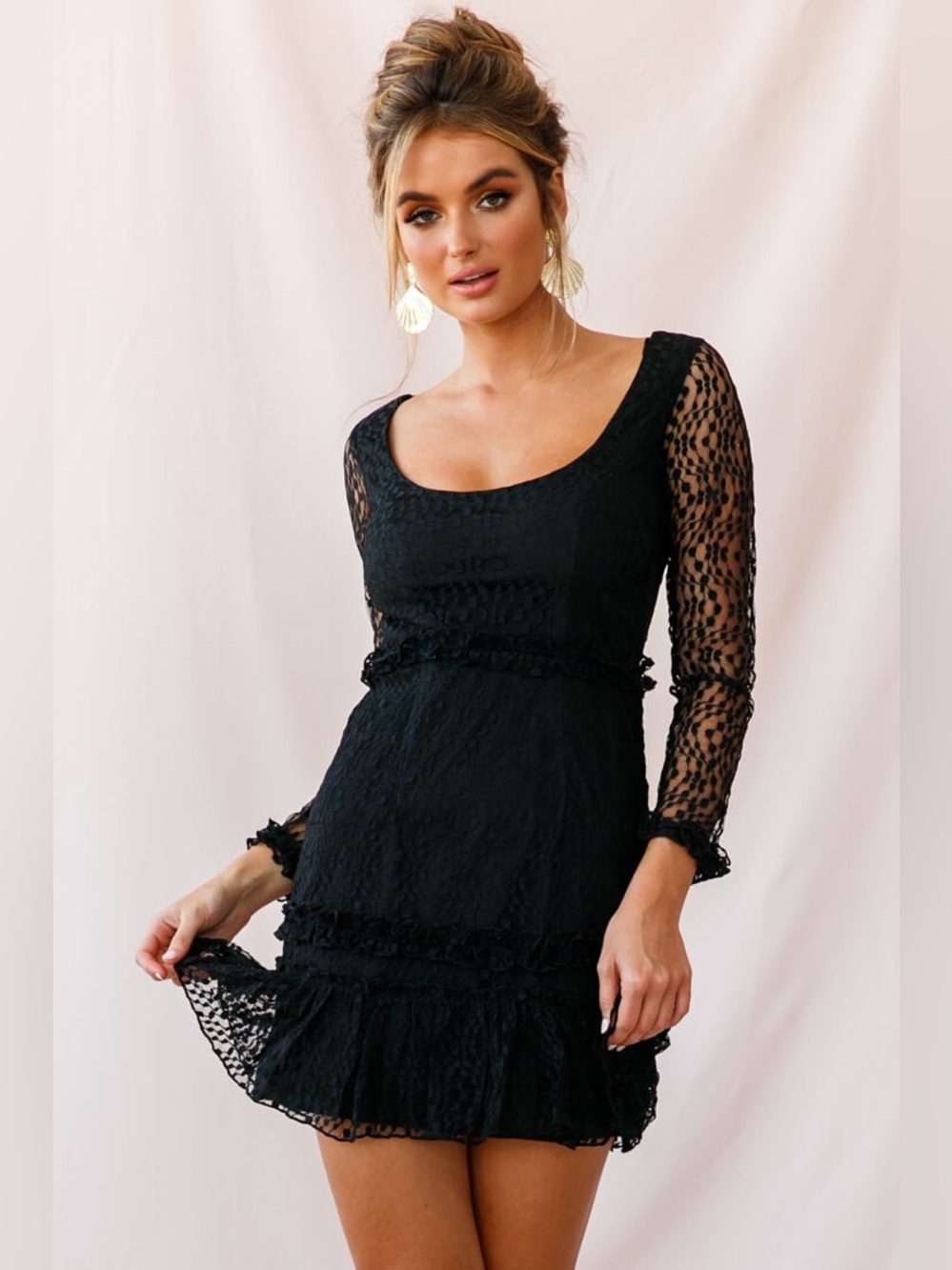 Black Lace Long-Sleeve Mini Dress (S)